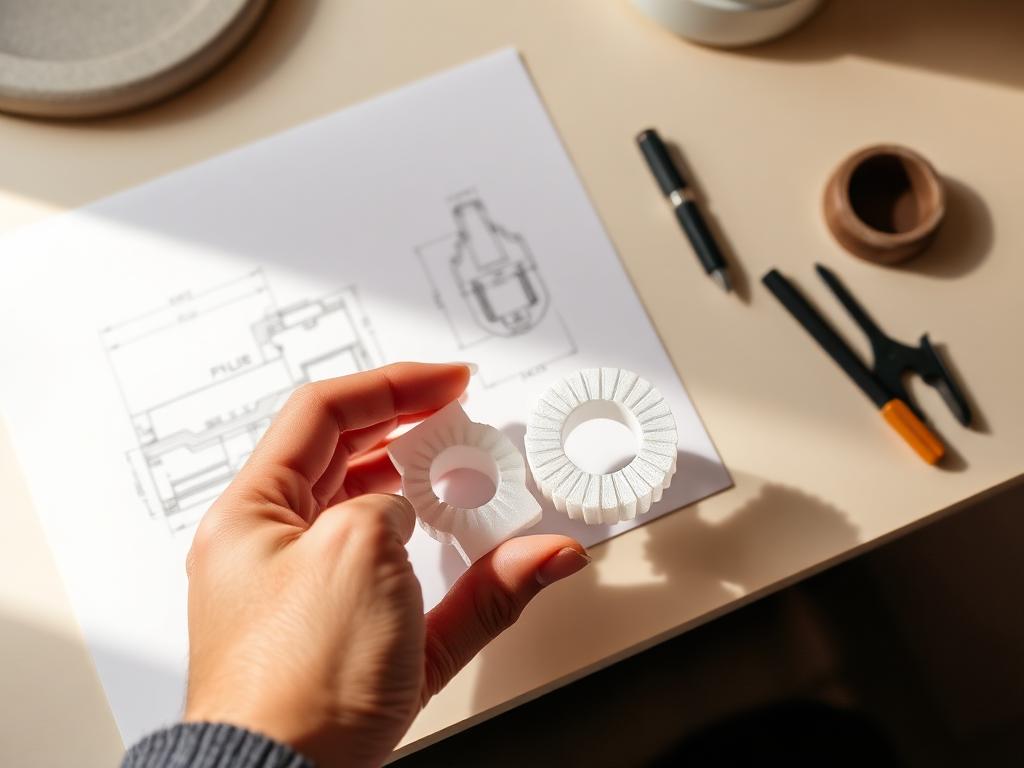 Repuesto impreso en 3D junto a un plano técnico con medidas